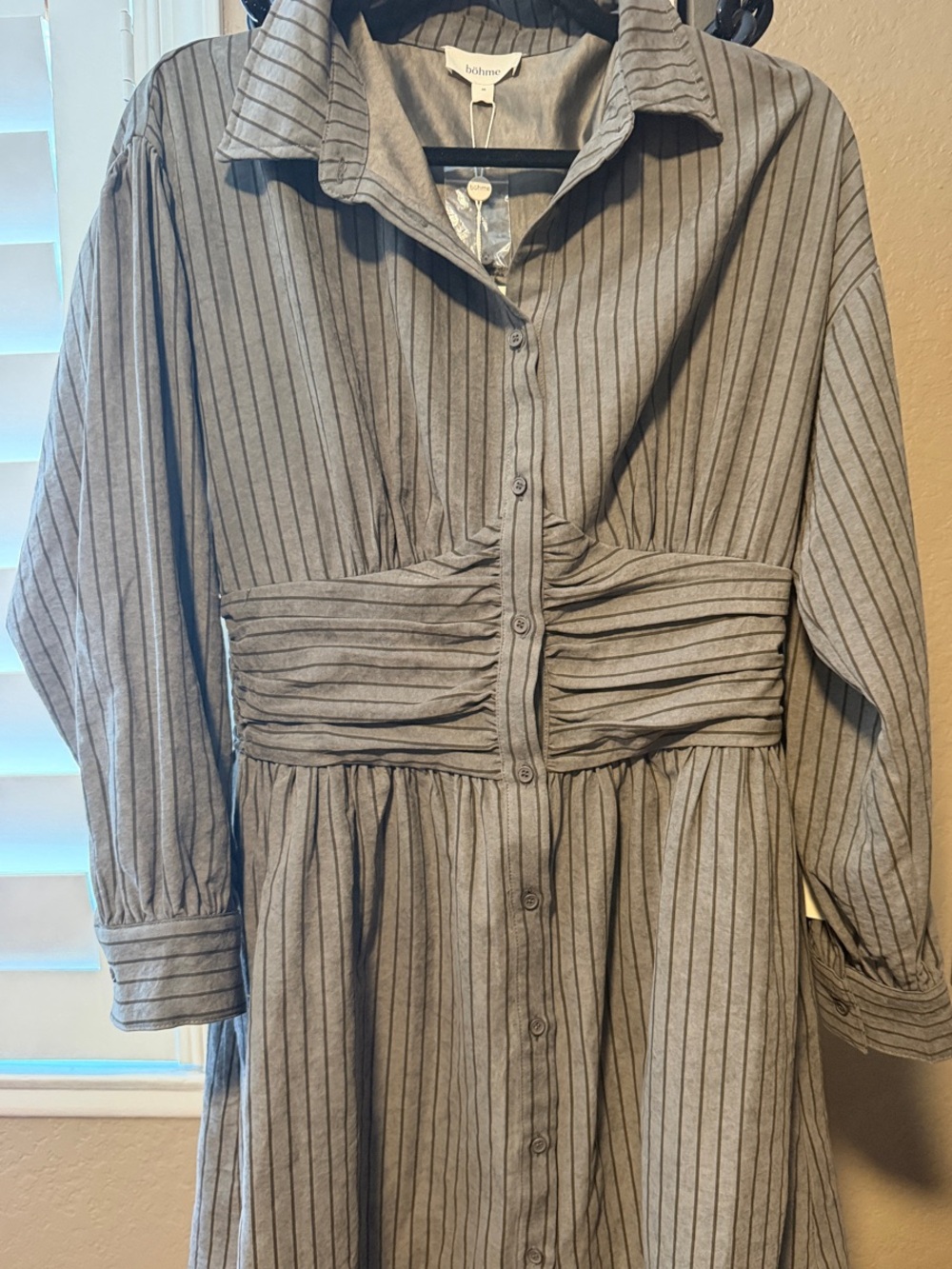 Boheme Gray Pinstripe Button-Front Waist-Detail Dress